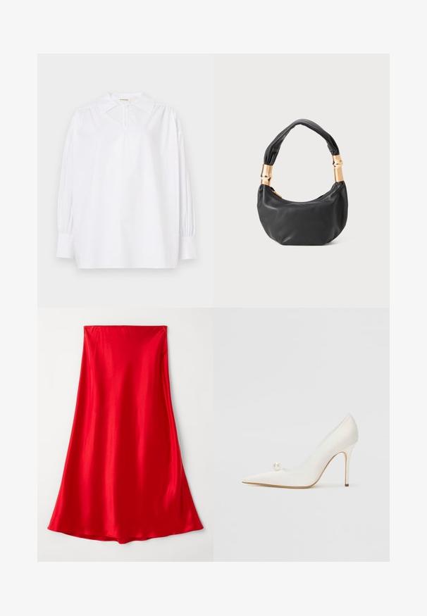 White long-sleeve blouse with a pointed collar, gathered shoulders, buttoned cuffs, and a small button at the neckline.; Red satin skirt with a smooth texture, full length, and a flowing design tapering at the hem. Simple, solid color without embellishments.; White pointed-toe high heel shoe with a glossy finish, featuring a decorative pearl accent on the side and a slender stiletto heel.; Black leather handbag with a round shape, soft texture, and a knotted handle featuring gold-tone hardware accents. Zipper closure.