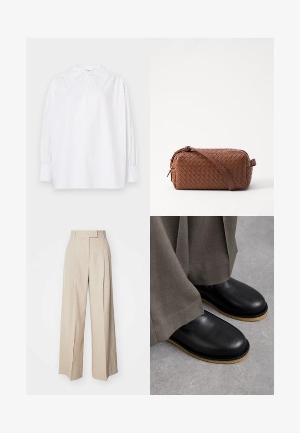 White long-sleeve blouse with a pointed collar, gathered shoulders, buttoned cuffs, and a small button at the neckline.; Beige wide-leg trousers made of textured fabric, featuring a flat front, pleats, and a waistband. The legs are straight and flowy.; Black leather shoes with a rounded toe, flat sole, and contrasting light brown outsole, paired with loose gray trousers.; Brown woven leather bag with a rectangular shape, smooth texture, zip closure, and a shoulder strap. Features side handle and gold accents.