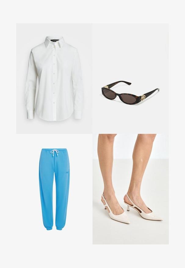 Weißes Hemd mit Knopfleiste aus glattem Baumwollmaterial und klassischem Kragen, mit geradem Saum und beigen Knöpfen entlang der Vorderseite.; Blaue Jogginghosen aus weichem Stoff, mit einem elastischen Bund und verstellbarem Kordelzug sowie elastischen Bündchen an den Knöcheln.; Beige Lackleder Slingback-Absätze mit spitzem Fuß und 5 cm Absatz, mit ausgeschnittenen Seiten und einem schmalen Knöchelriemen.; Schildpatt-Sonnenbrille mit länglich-ovalen Gläsern, braunem Farbton, goldenen Logo-Akzenten an den Bügeln und schlanken schwarzen Bügeln.; Beige gemusterte Handtasche mit geschwungener Form, Lederakzenten und einem goldfarbenen Logo auf der Vorderseite. Verfügt über einen kurzen Griff für einfaches Tragen.