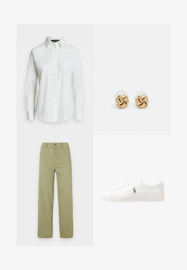 Valkoinen napapaita, joka on valmistettu sileästä puuvillasta, klassisella kauluksella, suoran helman ja vaaleanbeigeillä napeilla edessä.; Vihreät korkeavyötäröiset housut suoralla jalalla. Varustettu nappikiinnityksellä ja risat helmalla. Valmistettu puuvillakankaasta, joka on sileä rakenne.; Valkoiset nahkakengät, matala malli, jossa on sileä pinta, pyöreä kärki, nauhakiinnitys edessä ja pieni brodeerattu logo sivulla.; Kultaketjut korvakorut, joissa on kierretystä muotoilusta valmistettu solmu. Jokaisessa korvassa on pyöreä, kirkas tausta varman käyttömukavuuden takaamiseksi.