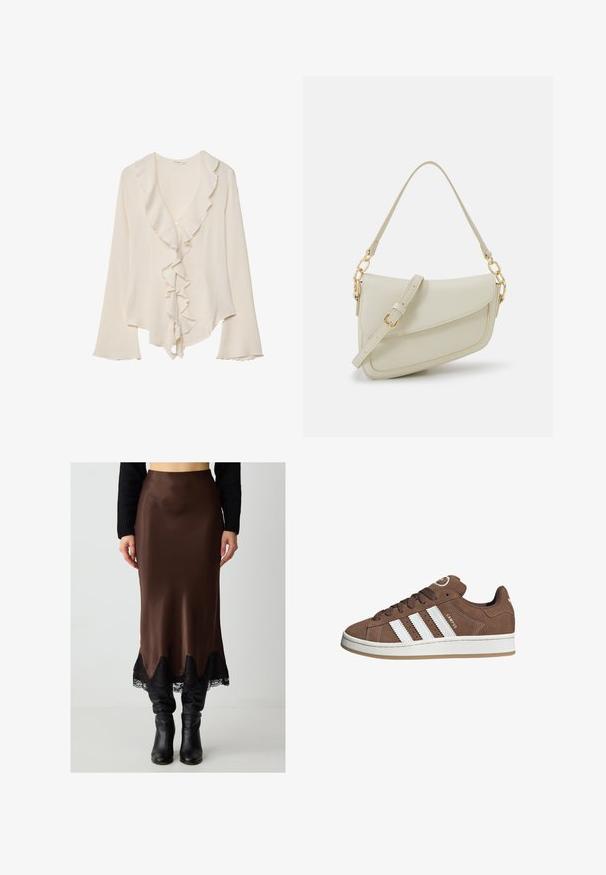 Blouse crème à manches longues avec col en V profond, garniture froncée le long du col et sur le devant, fermeture à un bouton et manches légèrement évasées.; Jimmy Key WITH ELASTIC WAIST - Jupe crayon - dark brown; Baskets en daim marron avec des bandes en cuir blanc, semelle en caoutchouc, bout arrondi et lacets. Comprend un logo sur la languette et des accents perforés.; Petit sac à main crème avec une finition texturée, une longue sangle réglable, un accent en chaîne et une fermeture à rabat. Détails en matériel doré.