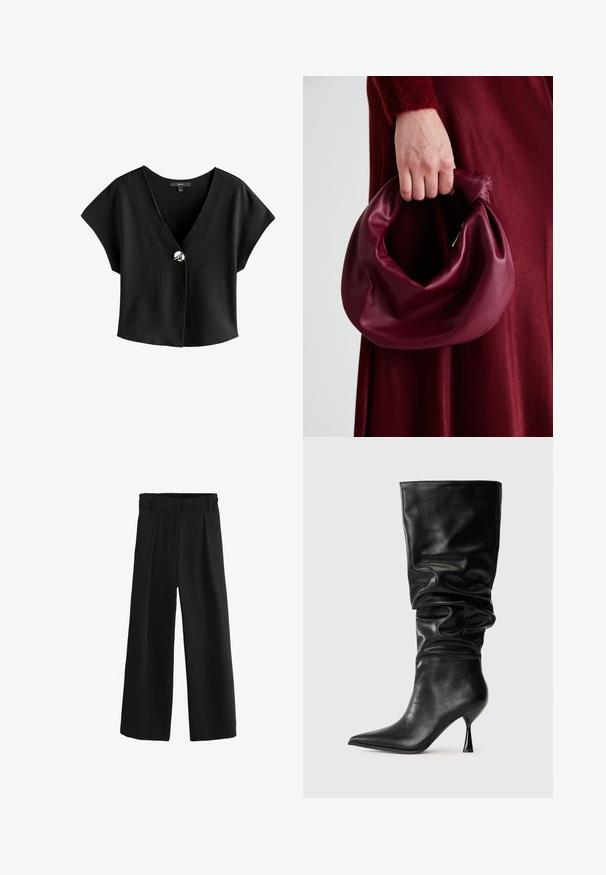 Top corto negro con escote en V y mangas anchas. Presenta un cierre de un solo botón plateado y una textura suave y lisa.; Pantalones anchos negros con una cintura alta, que presentan pliegues y una textura tejida suave. Hechos de una tela suave para mayor comodidad.; Bota de cuero negra hasta la rodilla con un diseño holgado, punta afilada y un delgado tacón de aguja, que presenta una textura suave y acentos mínimos.; Bolso de cuero burdeos con un diseño suave y recogido y una forma redondeada. La asa está asegurada, mostrando una textura lisa.