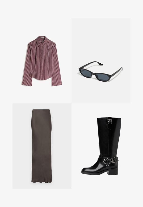 Langärmliges Hemd mit Knopfverschluss in schmalen rot-weißen Streifen und spitzen Kragen, flach auf einem weißen Hintergrund ausgelegt.; Brauner Satin-Boden langer Rock mit einer figurschmeichelnden Silhouette und glatter Textur. Besitzt einen subtilen Glanz und keine sichtbaren Muster oder Verzierungen.; Schwarze kniehohe Lederstiefel mit runder Zehenform, einem massiven Absatz, verstellbarem Riemen mit Hardware-Akzenten und einem glänzenden Finish.; Schwarze Cat-Eye-Sonnenbrille mit dunklen Gläsern, Kunststoffrahmen, schlanken Bügeln und dezentem Branding an der inneren Seite des Bügels. Matte Oberflächenstruktur.; Schwarze Leder-Umhängetasche mit einer geschwungenen Silhouette, ausgestattet mit einem goldenen Kettenriemen und einer glatten, glänzenden Oberfläche.