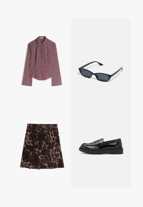 Napapaita pitkähihaisella, punaisella ja valkoisella pystyraitakuviolla, sisältäen terävän kaulan, asetettuna litteäksi valkoista taustaa vasten.; Leopardi-kuosiset midi-hameet, joissa on laskostettu muotoilu. Hameessa on vaaleanruskea pohjaväri, jossa on tummanruskeita ja mustia laikkuja. Hameessa on joustava vyötärö, joka varmistaa hyvän istuvuuden.; Mustat kiiltonahka loaferit, joissa on pyöristetty kärki, koristeellinen hihna ja paksu musta kumipohja. Sujuva kiiltävä pinta, jossa on minimaalista tikkausta.; Musta kissakatse aurinkolasit tummilla linsseillä, muovikehys, kapeat temppelit ja hienovarainen brändäys sisäisessä varressa. Mattapintainen rakenne.; Mustassa nahkaisessa olkalaukussa on kaareva siluetti, joka sisältää kullanvärisen ketjuhihnan ja sileän, kiiltävän pinnan.