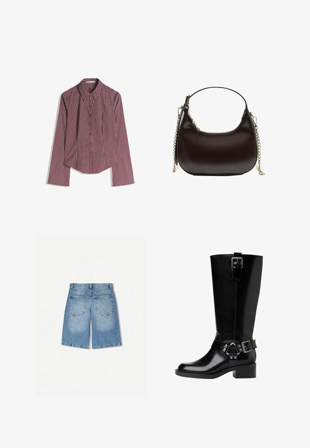 Koszula z długim rękawem, zapinana na guziki, w pionowe pasy w kolorze bordowym i białym, leżąca płasko na białym tle.; Szorty dżinsowe w jasnoniebieskim kolorze o luźnym kroju. Posiadają dwie tylne kieszenie i prosty krój nogawki. Gładka struktura z minimalnym przecieraniem.; Czarne skórzane kozaki do kolan z okrągłym noskiem, masywnym obcasem, regulowanym paskiem z metalowymi akcentami oraz błyszczącym wykończeniem.; Czarna skórzana torba na ramię o zaokrąglonym kształcie, z złotym łańcuchem i gładkim, błyszczącym wykończeniem.