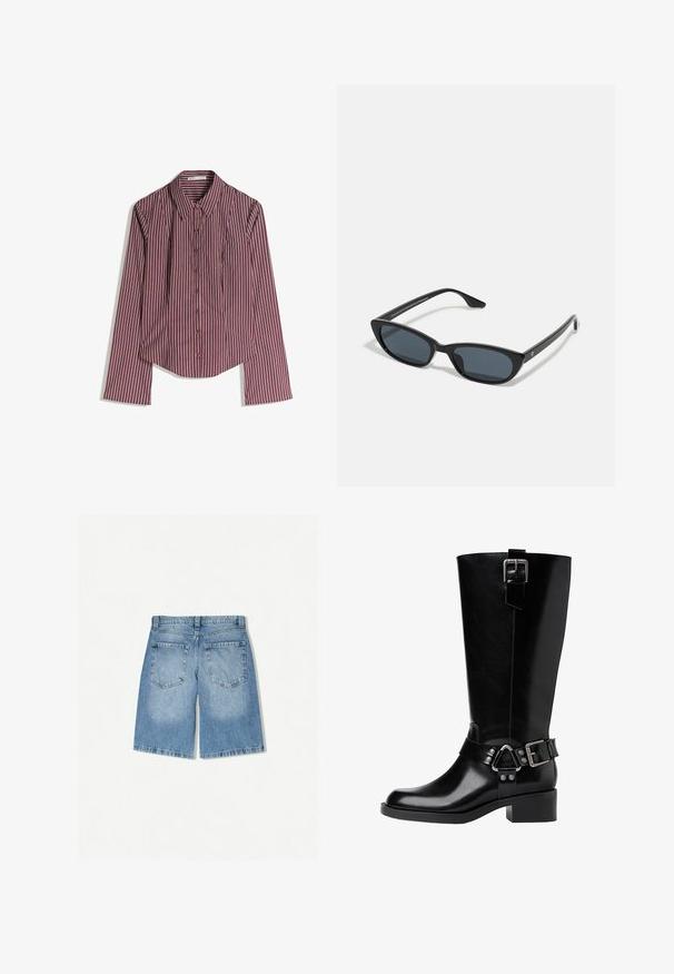 Napapaita pitkähihaisella, punaisella ja valkoisella pystyraitakuviolla, sisältäen terävän kaulan, asetettuna litteäksi valkoista taustaa vasten.; Vaalean siniset farkkushortsit, joissa on rento malli. Varustettu kahdella takataskulla ja suoralla lahjemuotoilulla. Sujuva rakenne vähäisellä haalistumisella.; Musta nahkasaapas, joka ulottuu polven ylle, pyöreällä kärjellä, paksulla korolla, säädettävällä hihnalla varustettuna, jossa on metalliset yksityiskohdat, sekä kiiltävällä pinnalla.; Musta kissakatse aurinkolasit tummilla linsseillä, muovikehys, kapeat temppelit ja hienovarainen brändäys sisäisessä varressa. Mattapintainen rakenne.; Mustassa nahkaisessa olkalaukussa on kaareva siluetti, joka sisältää kullanvärisen ketjuhihnan ja sileän, kiiltävän pinnan.