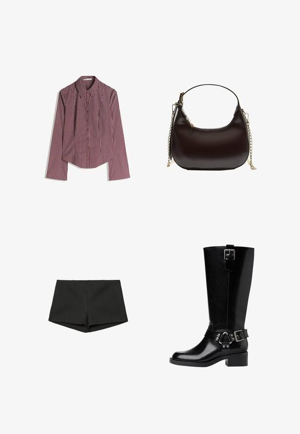 Koszula z długim rękawem, zapinana na guziki, w pionowe pasy w kolorze bordowym i białym, leżąca płasko na białym tle.; Czarne spodenki wykonane z teksturowanej tkaniny, z wysokim pasem i dopasowanym krojem z przednimi szwami. Brak widocznych kieszeni lub zapięć.; Czarne skórzane kozaki do kolan z okrągłym noskiem, masywnym obcasem, regulowanym paskiem z metalowymi akcentami oraz błyszczącym wykończeniem.; Czarna skórzana torba na ramię o zaokrąglonym kształcie, z złotym łańcuchem i gładkim, błyszczącym wykończeniem.