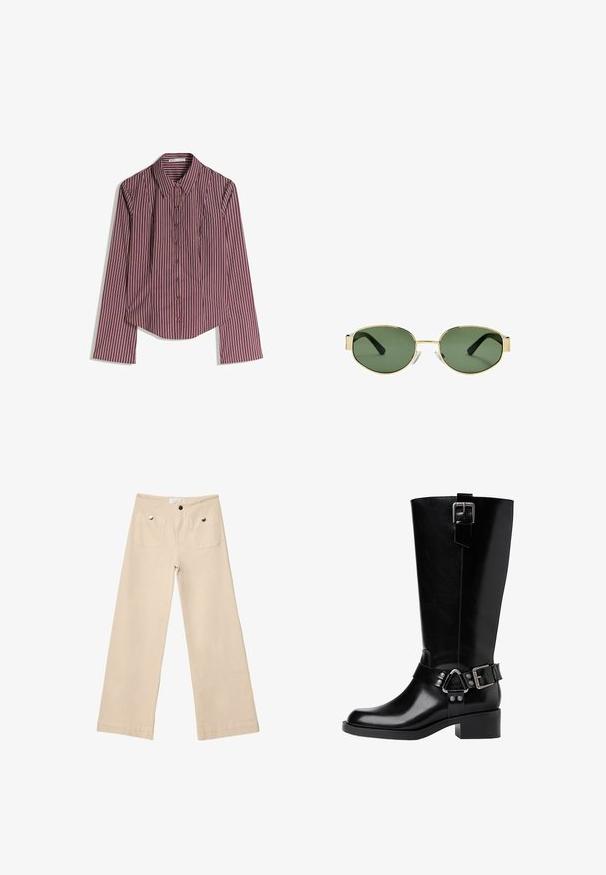Button-up skjorte med lange ærmer i maroon og hvide lodrette striber og spids krave, lagt fladt på en hvid baggrund.; Beige breddebenede bukser i blød bomuld med to frontlommer med sølvfarvet hardware, lige snit og pænt afsluttede kanter.; Sort læderknæhøj støvle med rund tå, en kraftig hæl, justerbar strop med hardware-accenter og en blank finish.; Solfarvede solbriller med guldmetalramme, grønne linser, oval form, sorte stænger og klare næsepuder. Rent, minimalistisk design.; Sort læder skuldertaske med en buet silhuet, der har en guld kædestrop og en glat, blank finish.