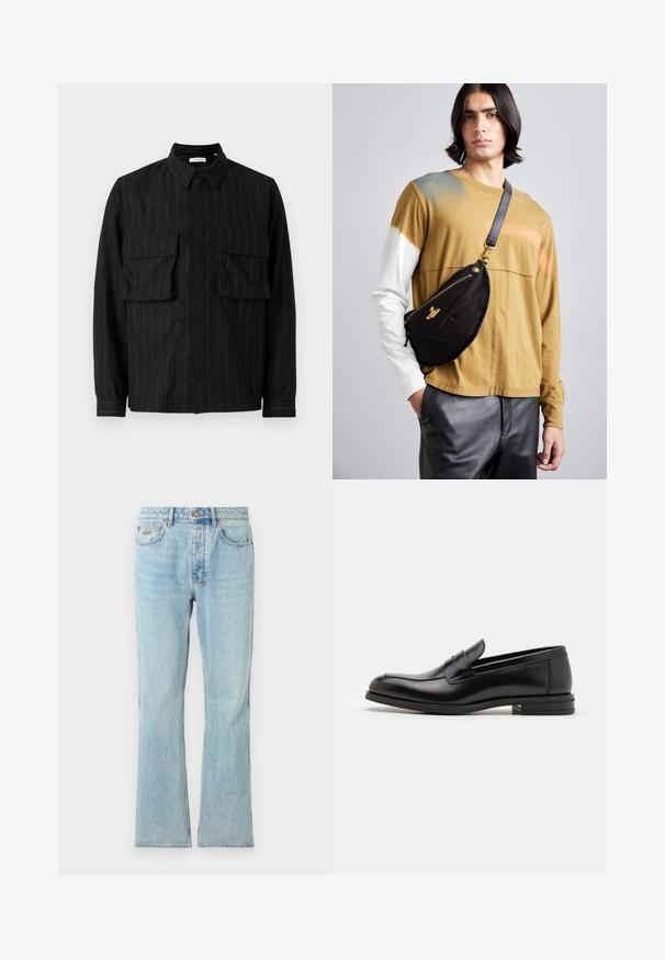 Must musta, piklike triibud, kaks rinna taskut, kraega kaelus ja nupud. Pehme, tekstureeritud kangas.; Heledad sinine teksapüksid sirge lõikega, klassikaline viie taskuga disain, õrn hõõrdumine ja metallist nööp sulgemisel vööosas.; Mustad mustad nahast loafers sileda tekstuuriga, ümarat ninaosa ja dekoratiivne riba vampi üle. Madal kihiline konts, minimalistlik disain.; Vivienne Westwood CITY BUMBAG UNISEX - Puusakott - black