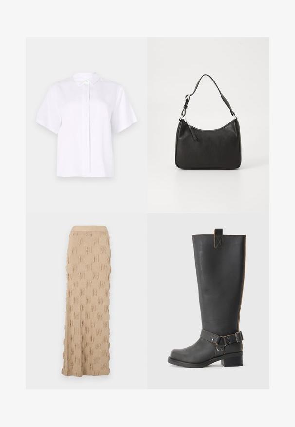 Camisa blanca de manga corta confeccionada en tela suave, con cuello puntiagudo y una botonera con un botón de acento verde.; Falda maxi de punto beige con un patrón texturizado y acentos deshilachados por toda la prenda, además de una cintura acanalada. Material suave y flexible.; Bota de cuero negro hasta la rodilla con un acabado texturizado, que presenta un acento de hebilla lateral y un tacón bajo. Costura detallada a lo largo de las costuras.; Bolso de mano de cuero negro con forma curvada, una sola correa, cierre de cremallera y marcas sutiles en la parte frontal. Textura suave, diseño minimalista.