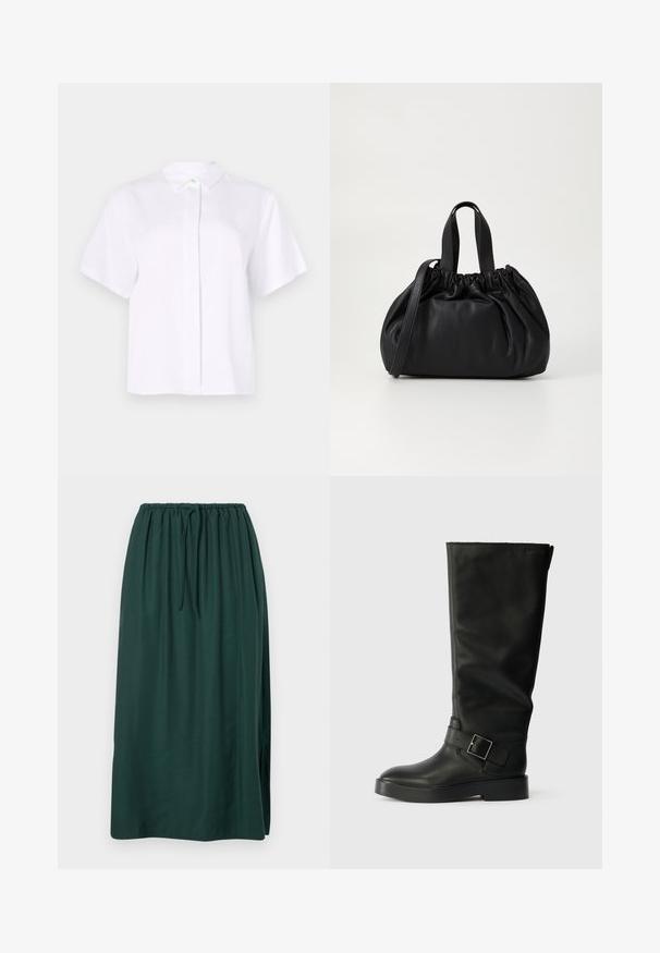 Camisa branca de manga curta feita de tecido suave, apresentando um colarinho pontudo e uma pala de botões com um botão de detalhe verde.; Saia longa, verde escura, feita de tecido liso, com cintura elástica e cordão, apresentando uma fenda lateral para maior movimento.; Botas altas pretas feitas de couro liso, com bico arredondado, sola grossa e uma faixa horizontal com um detalhe de fivela retangular.; Bolsa de couro preta com um design de topo franzido, apresentando duas alças curtas e uma alça longa ajustável. Textura suave, formato arredondado.
