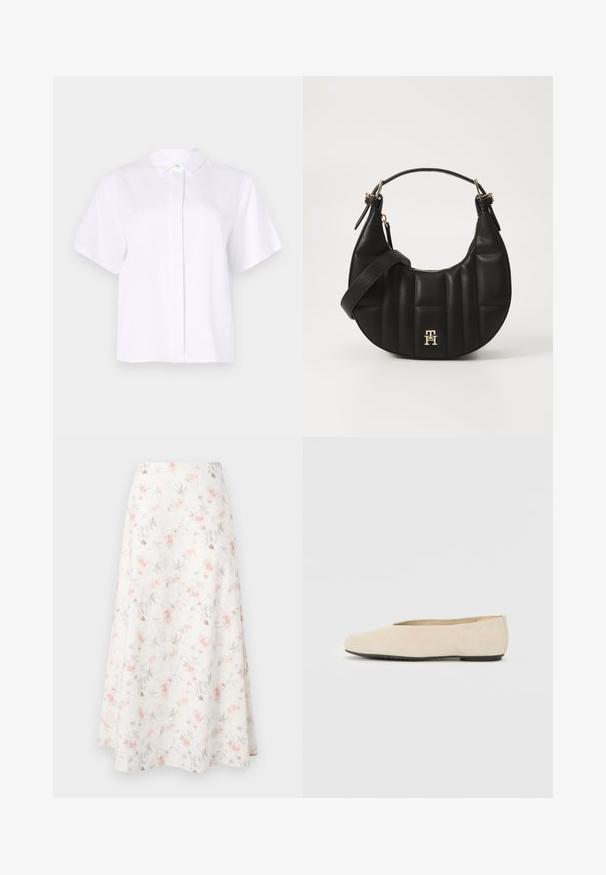 Krótki rękaw, biała koszula uszyta z gładkiego materiału, z wyrazistym kołnierzykiem i zapięciem na guziki z zielonym akcentującym guzikiem.; Kwiatowa spódnica midi z białego materiału, z wodnolanym wzorem różowych i szarych kwiatów, rozkloszowany fason i gładka faktura.; Beżowe zamszowe baleriny z zaokrąglonym noskiem, płaską podeszwą i minimalistycznym wzornictwem. Gładka tekstura bez widocznych elementów metalowych czy ozdób.; Czarna skórzana torebka o zakrzywionym kształcie, pikowanej fakturze i złotych akcentach. Posiada odpinany pasek na ramię oraz detal z logo.