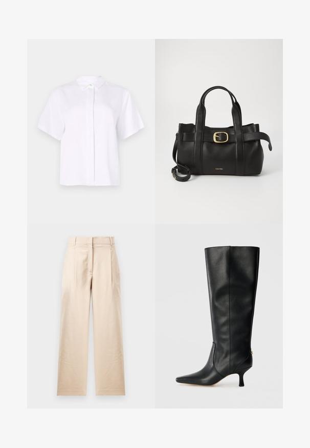 Kratkoroč shirt z naramnicami, izdelan iz gladkega materiala, z izrezanim ovratnikom in gumbom na zaponki z zelenim poudarkom.; Bež hlače iz gladkega blaga. Imajo ravno krojenje, ravno sprednjo stran in dva nabora. Brez vidnih vzorcev ali kovinskih delov.; Črne usnjene škornje do kolen s koničastim nosom, elegantnim dizajnom in zoženim 3-palčnim peto. Imajo zlat poudarek na zadnji strani.; Črna usnjena torba s strukturirano zasnovo, dvojni zgornji ročaji, zlato-tonirni zaponka kot dodatek in vtisnjeni logotip blagovne znamke spredaj.