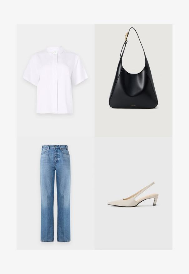 Lyhythihainen valkoinen paita, joka on valmistettu sileästä kankaasta. Paidassa on terävä kaulus ja nappilista, jossa on vihreä korostusnappi.; Vaaleansiniset farkut suoranlahkeisella muotoilulla, joissa on korkea vyötärö, viisi taskua ja näkyvä ompelu. Kudelma on sileä ja klassinen.; Sandaali kanga-ali kupa mawe ya rangi beige, yenye muundo wa kipande kilichokatwa, kisigino cha sentimita 5, na uso laini. Inaburudisha na mguu mweusi.; Mustavälinen olkalaukku, jossa on sileä pinta, kaareva siluetti ja kultaiset yksityiskohdat. Laukussa on painettu tuotemerkin logo pohjassa.