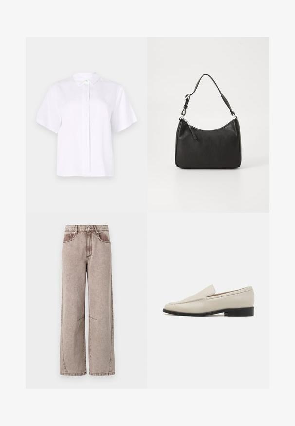 Īsām piedurknēm balta krekla, kas izgatavota no gludas auduma, iezīme ir norādīta apkakle un pogu rinda ar zaļu akcenta pogu.; Plati kāju, augsta jostasvieta džinsu bikses gaiši brūnā krāsā ar smalku tekstūru, piecu kabatu dizainu un redzamām šuvēm.; Beige krāsas ādas slip-on loaferi ar elegantu dizainu, mandeļu formas purngaliem, minimālu šuvju skaitu un zemu melnu papēdi. Gluda tekstūra.; Melnas ādas rokassomu ar izliekta formu, vienu siksnu, ar rāvējslēdzēju aizdari un diskrētu zīmolu uz priekšpuses. Gluda tekstūra, minimālisma dizains.