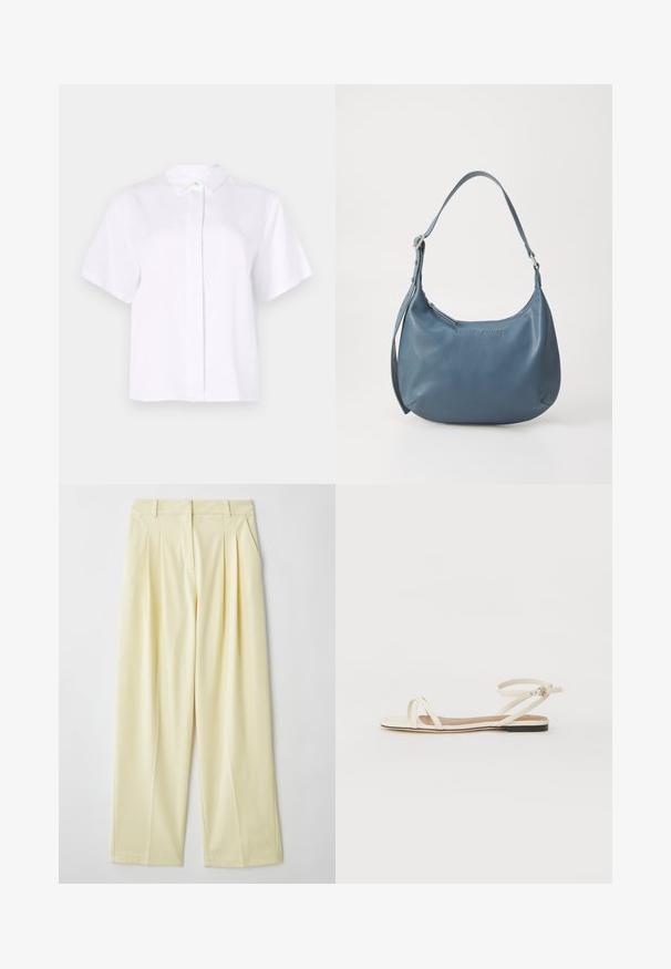Lühikeste varrukatega valge särk, mis on valmistatud siledast kangast, millel on terava krae ja nööbiplack, millel on roheline aktsentnööp.; Heledad kollased plisseeritud püksid otsejoonega disainiga, valminud pehmest kangast, millel on vöökoht ja nähtavad kinnitused puuduvad.; Kreemivärvi nahast lamedad sandaalid õhukeste ristiliste rihmadega, pahkluu rihm lukuga, minimalistlik disain ja kontrastne must põhja.; Sinine nahast käsipadi ümarate vormidega, ühe õlapaela, tõmblukuga ja esiküljel reliefse brändinimega. Sile tekstuur.