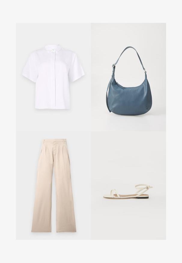 Rövid ujjú, sima anyagból készült fehér ing, hegyes gallérral és zöld díszgombbal ellátott gombolással.; Beige, bő szárú nadrág, amely pamutból készült, elöl ráncolt rész található, és sima textúrával rendelkezik. A dizájn normál derékrésszel készült, és nincs látható mintázata.; Krém színű bőr lapos szandálok vékony keresztpántokkal, csattal ellátott bokapánt, minimalista dizájn és kontrasztos fekete talp.; Kerekded formájú, kék bőr kézitáska, egyetlen vállpánttal, cipzárral záródik, az elülső részen domborított márkanevével. Simák a textúrája.