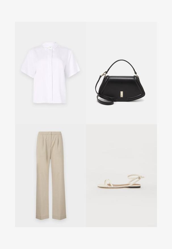 Short-sleeved white shirt made from smooth fabric, featuring a pointed collar and a button placket with a green accent button.; Light beige pants with a straight leg, elastic waistband, and a single front button detail. Made from a textured fabric.; Flat sandals in cream leather with thin cross straps, ankle strap with buckle, minimalistic design, and a contrasting black sole.; Black leather handbag with a structured design, featuring a cropped shape, top handle, and gold hardware accent. Adjustable shoulder strap included.