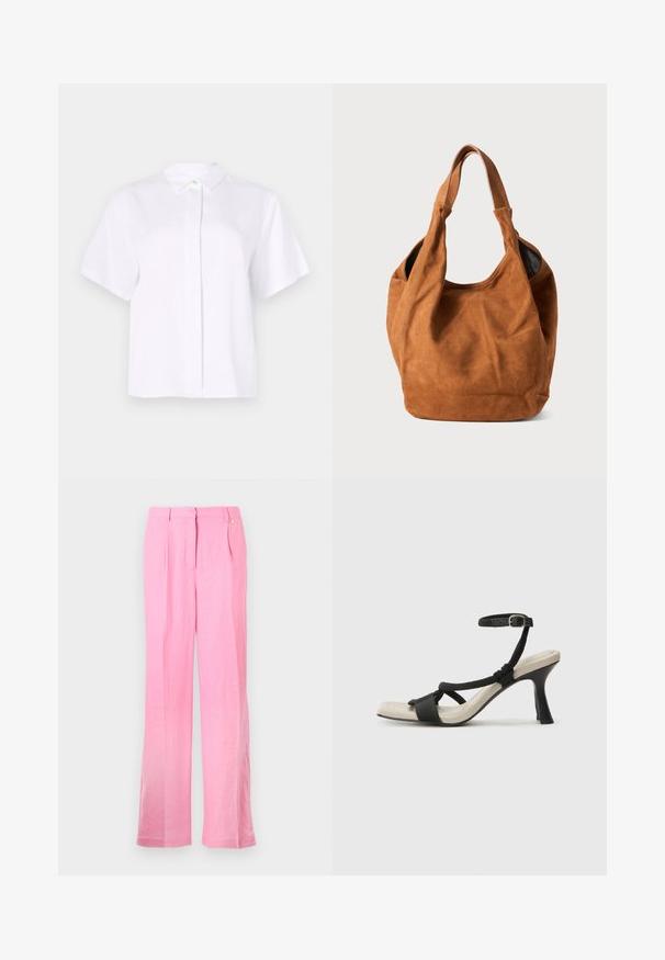 Kortgerit shirt in het wit, gemaakt van een gladde stof, met een spitse kraag en een knoopsluiting met een groene accentknop.; Roze linnen broek met een relaxte pasvorm, met voorplooien, een knoopsluiting en zijzakken. Glad textuur en recht model.; Zwarte hoge hak sandaal met een gevlochten bandontwerp, vierkante teen en verstelbare enkelband. Lichtbeige voetbed met een glanzende zwarte hak.; Bruine suède schoudertas met een zachte textuur, gebogen vorm en twee handvatten. Heeft een minimalistisch ontwerp zonder zichtbare hardware of accenten.