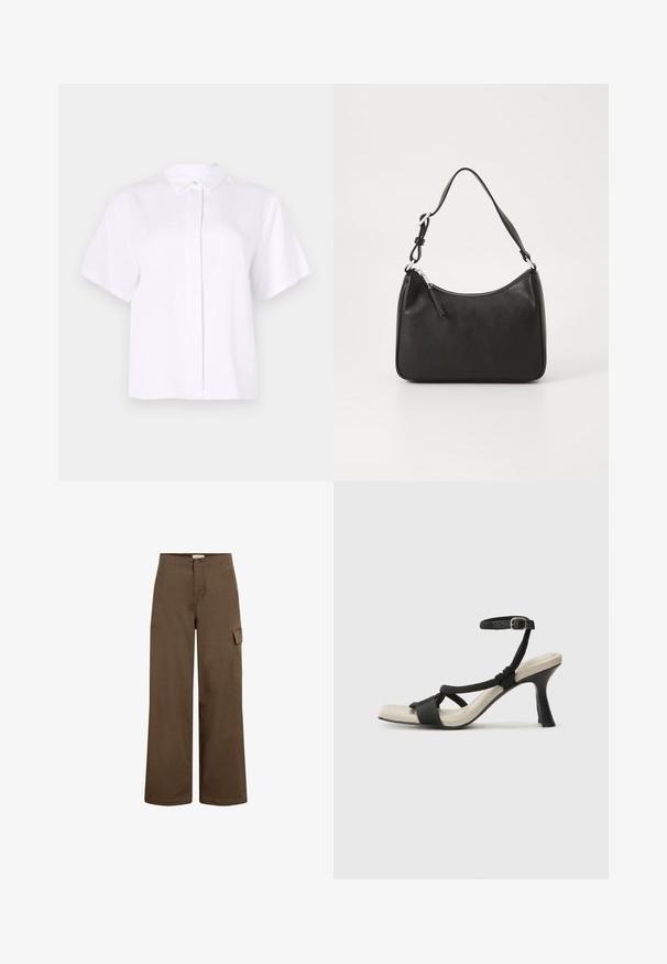 Camisa branca de manga curta feita de tecido suave, apresentando um colarinho pontudo e uma pala de botões com um botão de detalhe verde.; Calças cargo largas castanhas feitas de algodão, com fecho de botão, apresentando bolsos laterais e uma textura suave e macia.; Sandal com salto alto preto e design de tiras trançadas, bico quadrado e tira de tornozelo ajustável. Sola em tom bege claro com um salto preto brilhante.; Mala de mão em couro preto com formato curvo, uma alça, fecho em zip e uma marcação discreta na frente. Textura suave, design minimalista.