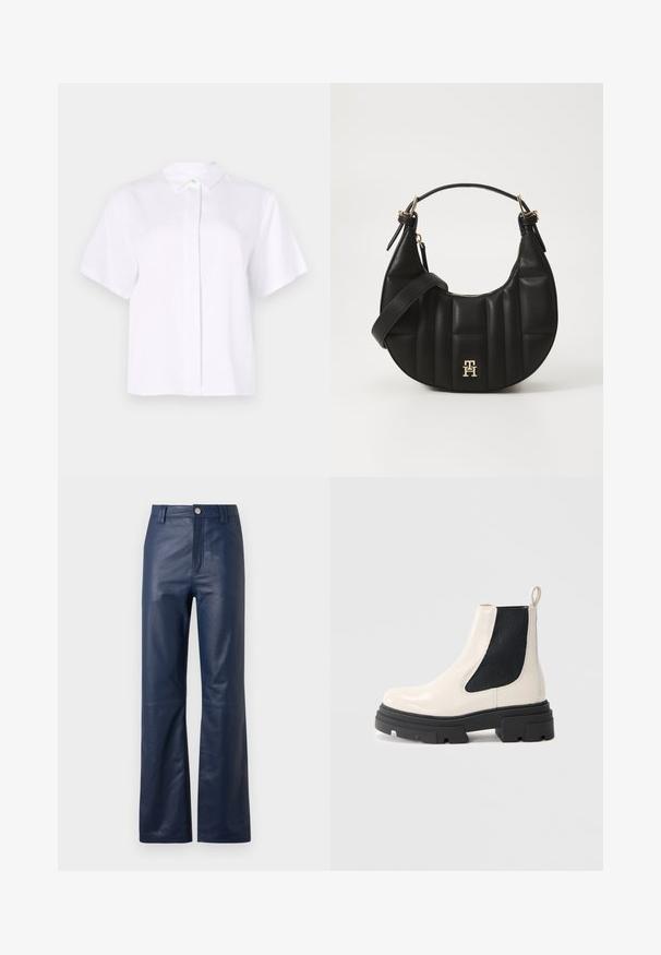 Short-sleeved white shirt made from smooth fabric, featuring a pointed collar and a button placket with a green accent button.; Navy blue leather pants with a straight-leg design, featuring a front zipper, button closure, and smooth texture.; Cream leather Chelsea boot with chunky black sole and elastic black side panel against plain white background.; Black leather handbag with a curved shape, quilted texture, and gold hardware. Features a detachable shoulder strap and logo detail.