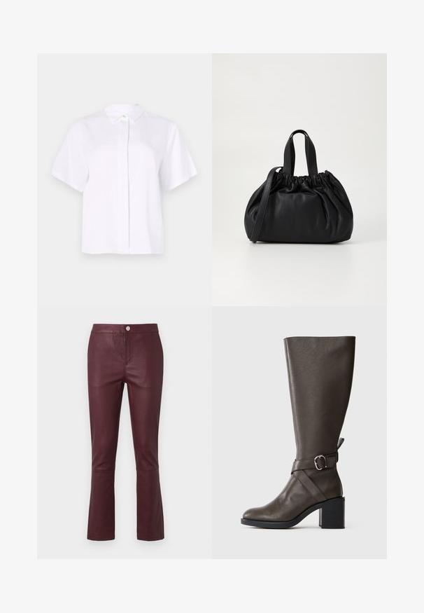 Chemise blanche à manches courtes en tissu lisse, dotée d'un col pointu et d'une patte de boutonnage avec un bouton d'accent vert.; Pantalons en simili cuir bordeaux avec une coupe slim, ourlet évasé, poches latérales et fermeture à bouton en métal à la taille. Texture lisse.; Botte en cuir marron foncé, arrivant au genou, avec un talon bloc moyen et une sangle décorative avec une boucle en argent autour de la cheville.; Sac à main en cuir noir avec un design à haut froncé, doté de deux poignées courtes et d'une bandoulière longue et réglable. Texture lisse, forme arrondie.