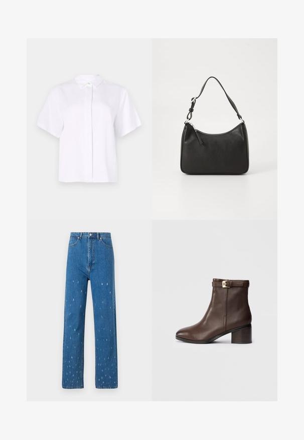 Bílá košile s krátkým rukávem vyrobená z hladké látky, s špičatým límcem a knoflíkovou légou se zeleným akcentovaným knoflíkem.; Modré džíny rovného střihu z denimu s opotřebeným vzhledem, vysokým pasem, pěti kapsami a klasickým zapínáním na knoflík a zip.; Hnědá kožená kotníková bota s kulatou špičkou, nízkým blokovým podpatkem a dekorativním páskem se sponou kolem kotníku. Hladká textura a elegantní design.; Černá kožená kabelka s zakřiveným tvarem, s jedním popruhem, zipovým uzávěrem a decentním logem na přední straně. Hladká textura, minimalistický design.