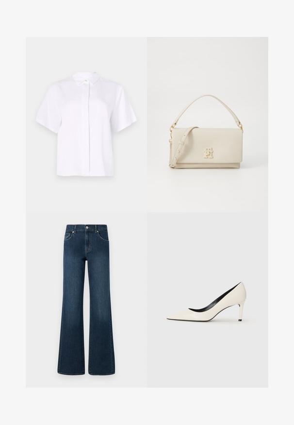 Short-sleeved white shirt made from smooth fabric, featuring a pointed collar and a button placket with a green accent button.; Wide-leg denim jeans in dark blue wash, featuring a button closure, five pockets, and a slight fade in texture for added detail.; White patent leather high-heeled pump with a pointed toe, slim heel, and black interior detailing. Smooth texture and sleek design.; Beige leather handbag with a structured shape, gold-tone hardware, and a logo on the front. Features a top handle and detachable shoulder strap.