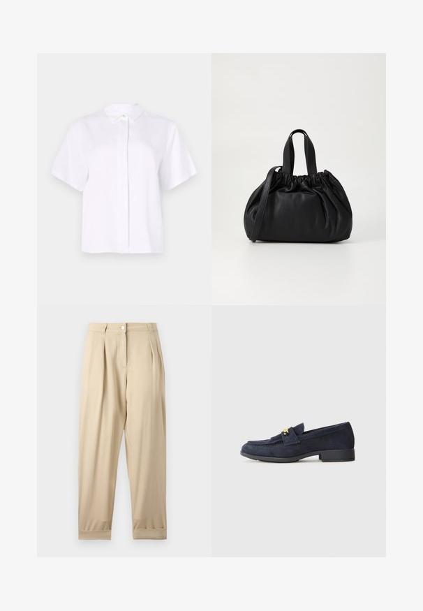 Biela košeľa s krátkym rukávom vyrobená z hladkej látky, s špicatým golierom a gombíkovou légou s akcentovaným zeleným gombíkom.; Béžové nohavice s vysokým pásom, prešitím a zúženým strihom. Vyrobené z hladkého materiálu s manžetami na okrajoch a jedným predným gombíkom.; Námornícké semišové mokasíny s nízkým černým podpatkem, s dekoračným zlatým kovovým detailom na prednej strane a okrúhlou špičkou.; Čierna kožená kabelka so zberaným vrchom, s dvoma krátkymi držadlami a dlhým nastaviteľným popruhom. Hladká textura, zaoblený tvar.