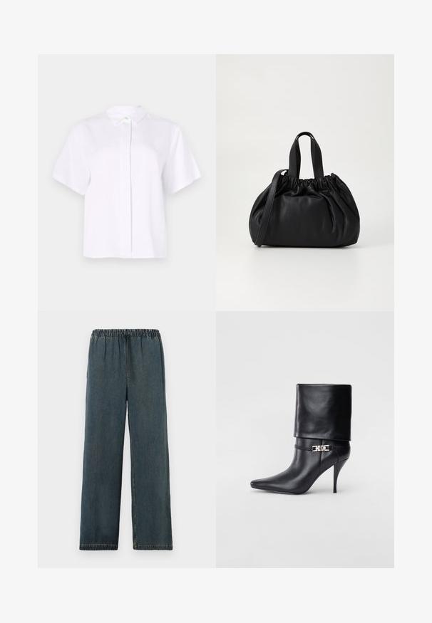 Kortgerit shirt in het wit, gemaakt van een gladde stof, met een spitse kraag en een knoopsluiting met een groene accentknop.; Donkerblauwe denim broek met elastische tailleband en trekkoord. Wijde pijpen met afgewerkte zomen en een gladde, gestructureerde oppervlakte.; Zwarte leren enkelboot met een spitse neus, hoge stilettohak, opgevouwen manchet en een gouden decoratieve gespdetails op de enkel.; Zwarte leren handtas met een geplooid ontwerp aan de bovenkant, voorzien van twee korte handvatten en een lange verstelbare schouderband. Gladde textuur, ronde vorm.