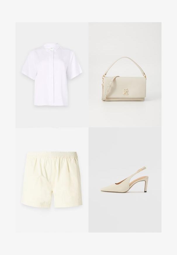 Rövid ujjú, sima anyagból készült fehér ing, hegyes gallérral és zöld díszgombbal ellátott gombolással.; Világos sárga pamut rövidnadrág, gumírozott derékkal, laza szabással és sima textúrával, látható minták vagy díszítések nélkül.; Beige bőr, slingback sarkú cipők, hegyes orral, nyitott oldalú kialakítással és vékony magas sarkú talppal. Arany díszítéssel rendelkezik a pánton.; Világos bézs bőrtáska, strukturált formával, arany színű fém kiegészítőkkel és logóval az elején. Tetején fogantyúval és levehető vállpánttal rendelkezik.