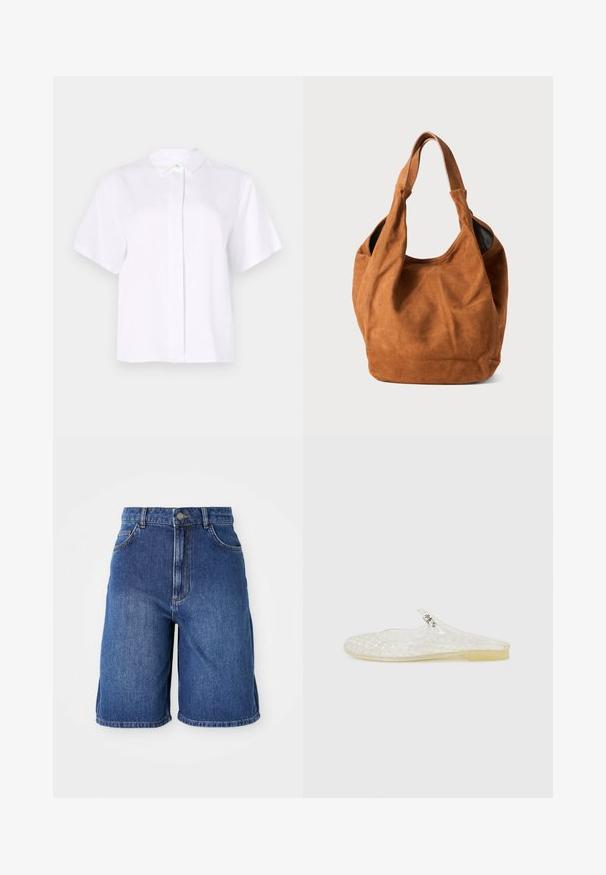 Lyhythihainen valkoinen paita, joka on valmistettu sileästä kankaasta. Paidassa on terävä kaulus ja nappilista, jossa on vihreä korostusnappi.; Tummansiniset farkkushortsit, joissa on korkeavyötäröinen muotoilu, viisi taskua ja kontrastoiva ompelu. Raaka helma alaosassa.; Kirkas muovinen liukasukka, jossa on ruutukuvio, pyöreä kärki ja pieni hopeinen yksityiskohta hihnassa. Taipuva pohja läpinäkyvässä värissä.; Ruske nubukikuorinen olkalaukku, jossa on pehmeä pinta, kaareva muoto ja kaksi kahvaa. Ominaisuutena on minimalistinen muotoilu ilman näkyvää metalliosia tai koristeita.