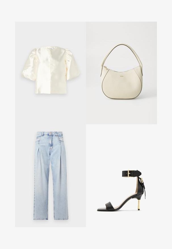 Blusa in satin avorio con maniche a sbuffo, dotata di scollatura rotonda e chiusura dritta sul retro. Texture liscia con design minimalista.; Jeans in denim azzurro chiaro con vita alta, taglio a gamba larga, due tasche laterali e design plissettato. Texture morbida con una finitura sbiadita.; Sandal con tacco in pelle nera, punta quadrata, cinturino alla caviglia con fibbia dorata e tacco metallico slanciato. Texture liscia, design minimalista.; Borsa color crema con una finitura testurizzata, forma curva, manico corto e dettaglio del logo in tonalità oro. Chiusura con zip nella parte superiore.