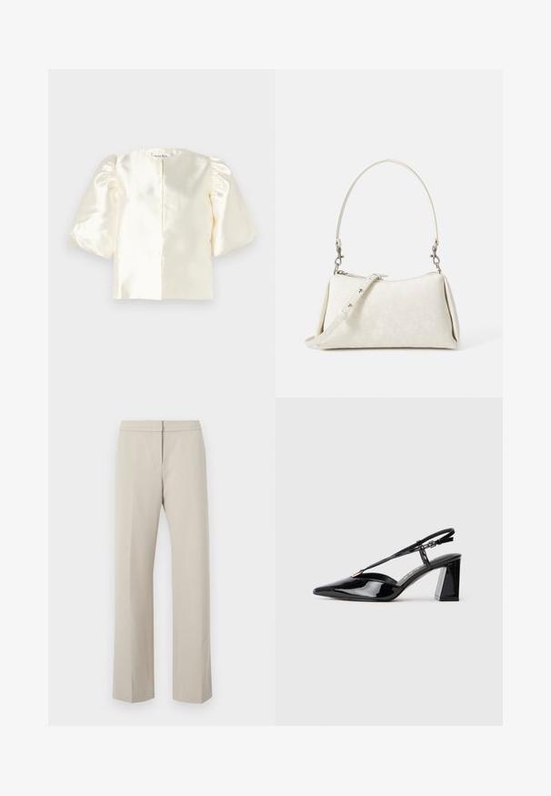 Elefántcsont szatén blúz, puffos ujjakkal, kerek nyakkivágással és egyenes hátsó záródással. Simaságának köszönhetően minimalista dizájnnal rendelkezik.; Beige egyenes szárú nadrág lapos elülső résszel, látható hardver vagy minták nélkül. Simaságot sugárzó anyagból készült, letisztult fazonnal.; Fekete lakk bőrből készült slingback magas sarkú cipők hegyes orral, állítható pánttal és vastag téglalap alakú sarokkal.; Fehér kézitáska sima textúrával, ívelt sziluettel és állítható vállpánttal. Diszkrét logó minta és ezüstszínű kiegészítők jellemzik.