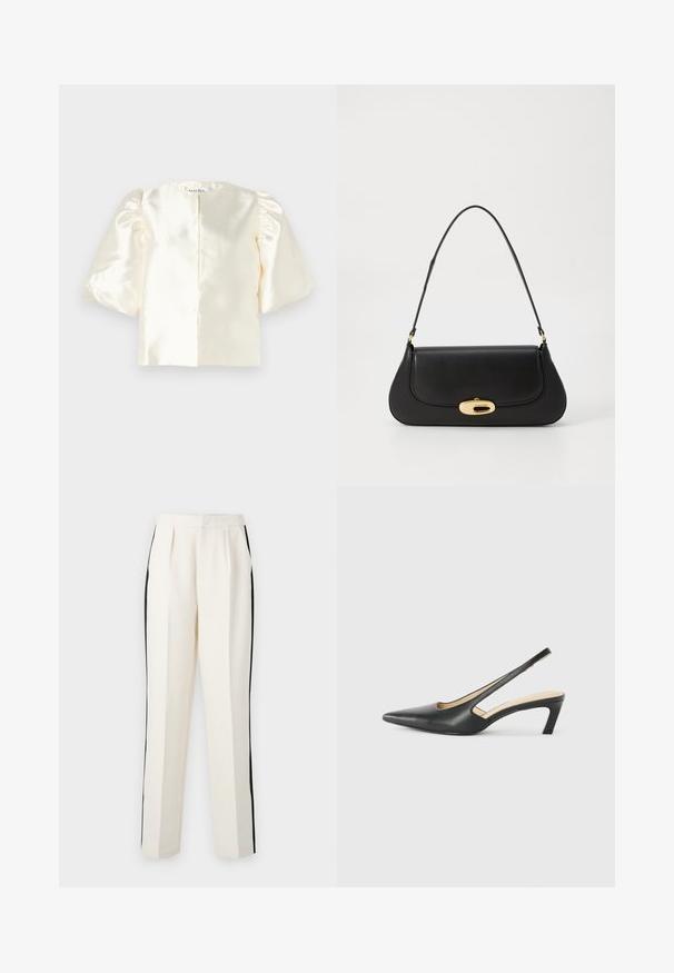 Elfenbeinfarbene Satinbluse mit Puffärmeln, die einen runden Ausschnitt und einen geraden Rückenschluss hat. Glatte Textur mit einem minimalistischen Design.; Cremfarbene Hose mit schwarzen Seitenstreifen, gerade geschnitten mit gefaltetem Vorderteil, aus einem strukturierten Stoff gefertigt.; Schwarzer spitz zulaufender Slingback-Schuh mit niedrigem Absatz, der aus glattem Leder gefertigt ist und seitliche Ausschnitte für Atmungsaktivität aufweist.; Schwarze Lederhandtasche mit geschwungenem Design, Beschlägen in Goldfarbe und einem oberen Griff. Verfügt über einen eleganten Verschluss und eine glatte Textur.