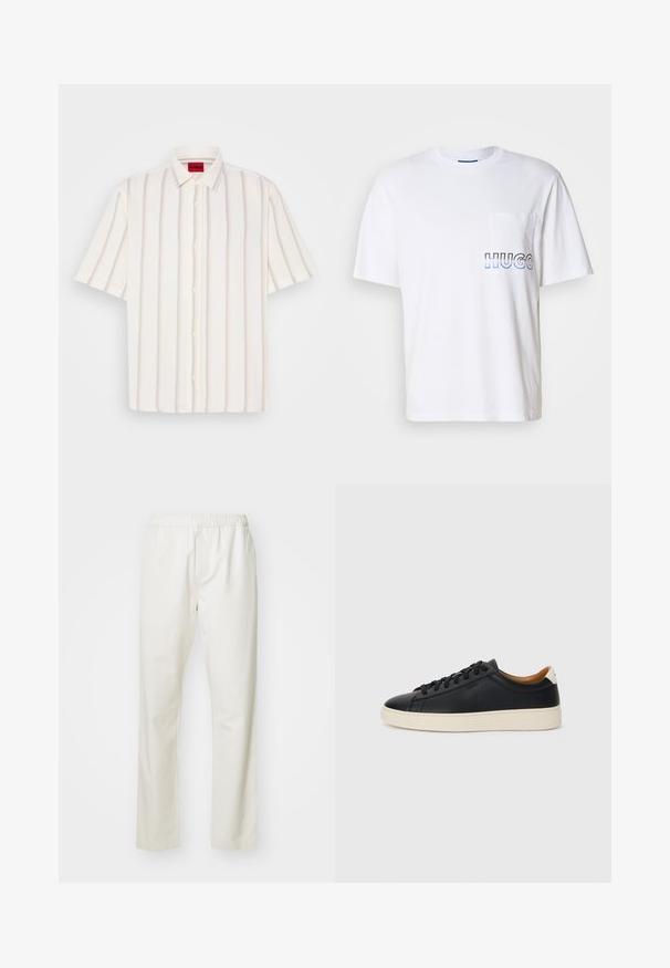 Rövid ujjú, gombos ing fehér színben, világosszürke és pasztell árnyalatú függőleges csíkokkal, hagyományos gallérral és puha textúrával.; Fehér pamut póló rövid ujjakkal, bal oldali mellzsebbel és "HUGO" felirattal kék árnyalatú nyomattal.; Fehér pamut nadrág elasztikus derékkal és egyenes lábvonallal, sima textúrával, látható minták vagy díszítések nélkül.; Fekete bőr sportcipők sima felülettel, bézs gumitalppal, fűzős dizájnnal és kontrasztos sarkú akcentussal.