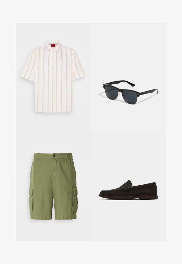 Camicetta a maniche corte con bottoni, di colore bianco, con righe verticali in grigio chiaro e toni pastello, dotata di colletto tradizionale e texture morbida.; Pantaloni cargo verdi con vestibilità rilassata, realizzati in tessuto leggero. Presentano tasche laterali e chiusura frontale con bottone.; Mocassini slip-on in suede marrone scuro con punta cucita, suola in gomma a profilo basso e dettagli texturizzati sulla parte superiore.; Occhiali da sole neri con forma rettangolare, lenti scure, dettagli in argento alle tempie e finitura opaca sulla montatura.