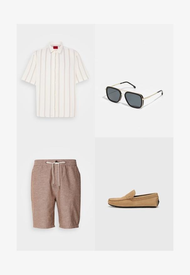 Chemise à manches courtes, à boutons, de couleur blanche avec des rayures verticales en gris clair et en teintes pastel, dotée d'un col traditionnel et d'une texture douce.; Shorts en lin marron avec une taille élastique, fermeture à cordon de serrage et ourlet roulé. Présente une texture subtile et des éléments de design minimalistes.; Mocassin beige en suède avec un bout cousu, design à enfiler et semelle en caoutchouc noir. Présente un logo discret sur le côté.; Lunettes de soleil noires et dorées avec une forme carrée, une monture métallique, des verres gris foncé et des embouts de branches noirs. Présente un design à double pont.