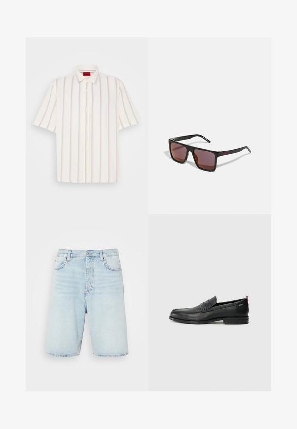 Krátký rukáv, košile na knoflíky v bílé barvě s vertikálními pruhy v světle šedé a pastelových odstínech, s tradičním límečkem a jemnou strukturou.; Svetle modré denimové šortky s vysokým pasem, zapínáním na knoflík a pěti kapsami. Mají mírné vyblednutí a rovný střih nohavic.; Černé kožené mokasíny s texturovaným předním panelem a hladkými stranami. Mají štíhlý podpatek a zadní poutko pro snadné obouvání. Klasický design.; Černé obdélníkové sluneční brýle s tmavě červenými skly, s matným povrchem a červeným logem na ramenou. Robustní plastový rám.