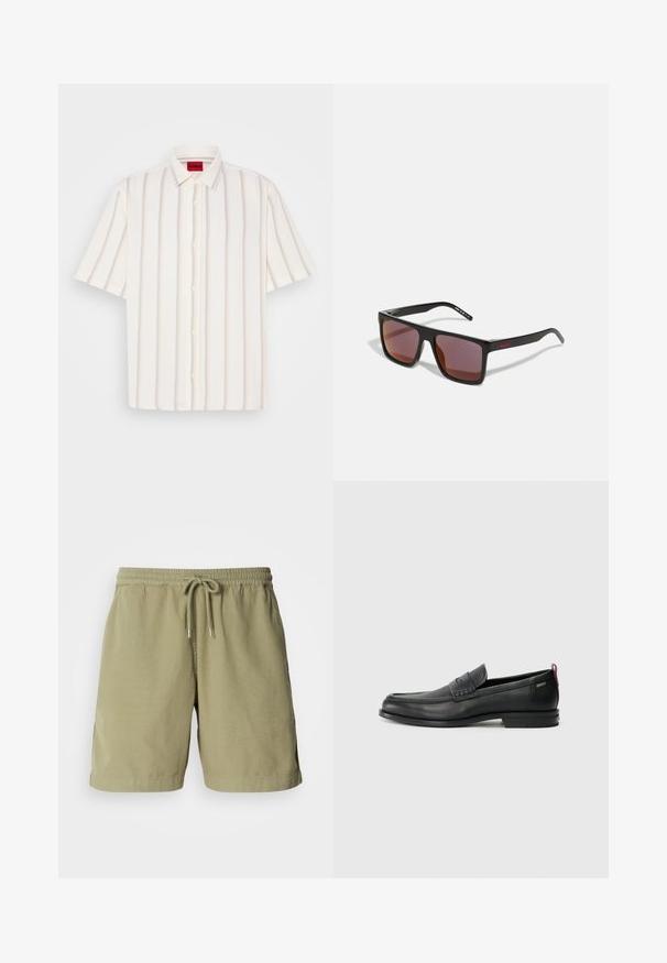 Rövid ujjú, gombos ing fehér színben, világosszürke és pasztell árnyalatú függőleges csíkokkal, hagyományos gallérral és puha textúrával.; Olíva zöld, pamut anyagú rövidnadrág, rugalmas derékrésszel és zsinórral, oldalsó zsebekkel és egyenes szabással. Sima textúra.; Fekete bőrcipők, texturált elülső részel és sima oldalakkal. Karcsú sarokkal és hátsó hurkkal könnyű felvételhez. Klasszikus dizájn.; Fekete téglalap alakú napszemüveg sötétpiros lencsékkel, matt felülettel és piros logóval a szárán. Strapabíró műanyag keret.