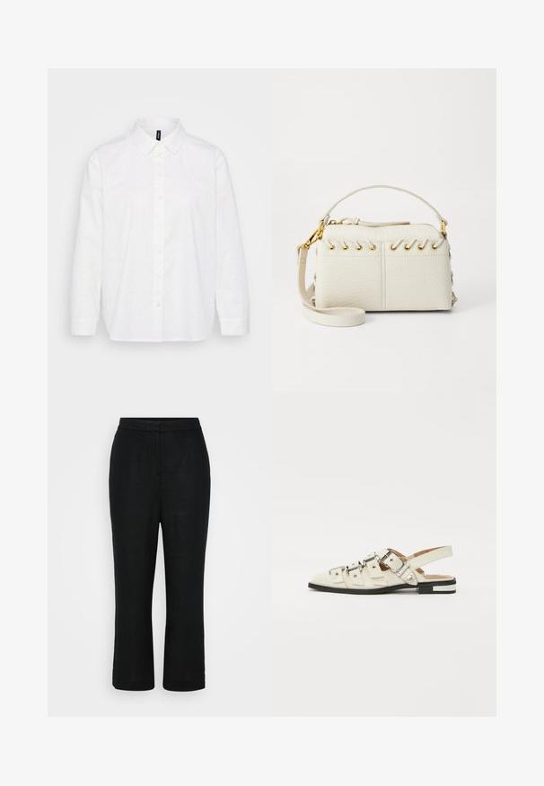 Camicia bianca con bottoni caratterizzata da un motivo a pois nei colori blu, rosa e verde. Collo classico, maniche lunghe e orlo dritto.; Pantaloni in lino neri con taglio dritto, vita media e lunghezza cropped, con una texture liscia e senza chiusure visibili.; Sandali slingback in pelle bianca con più cinturini larghi e fibbie d'argento; suola piatta con un piccolo tacco nero e dettagli metallici.; Borsa a mano in finta pelle bianca con zip superiore, manico corto e tracolla rimovibile con hardware in tono oro. Dettaglio di laccio laterale.; Orecchino a cerchio in argento con finitura lucida, caratterizzato da piccoli dettagli in oro e una forma tondeggiante, indossato sul lobo.