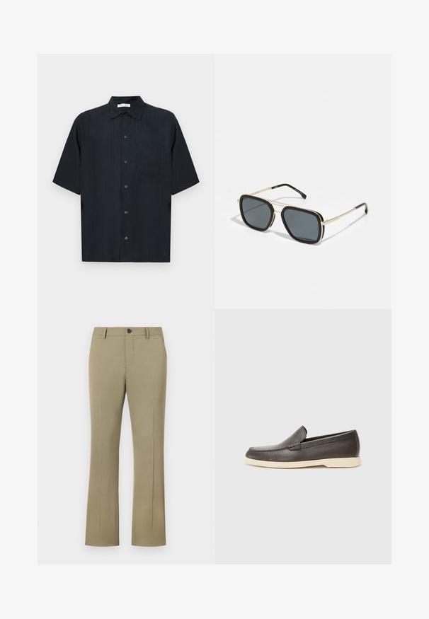Svart skjorte med korte ermer laget av strukturert stoff, med knappelukking foran, en liten brystlomme og klassisk krage.; Lys brun, utsvingte bukser med en jevn, vevd tekstur. Har knappelukking, glidelås, sidelommer og en skreddersydd passform.; Brune lær slip-on sko med en teksturert overflate og en kontrasterende lys beige såle, med en avrundet tå og minimale sømdetaljer.; Svart og gull solbriller med firkantet form, metallramme, mørke grå linser og svarte temple spisser. Har dobbel bro-design.