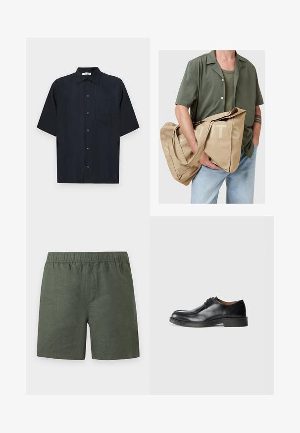 Cămașă neagră cu mâneci scurte din țesătură texturată, cu închidere cu nasturi pe față, un buzunar mic aplicat și design clasic al gulerului.; Pantaloni scurți verzi din in, cu talie elastică, croială dreaptă și buzunare laterale. Material ușor, cu textură netedă.; Pantof black din piele cu vârf rotunjit, suprafață netedă, accente cu șireturi și o talpă joasă din cauciuc texturat. Linii curate și un design minimalist.; Geantă tote din pânză bej cu mânere mari, având litere bloc imprimate pe lateral. Geanta are o textură moale și un design spațios.
