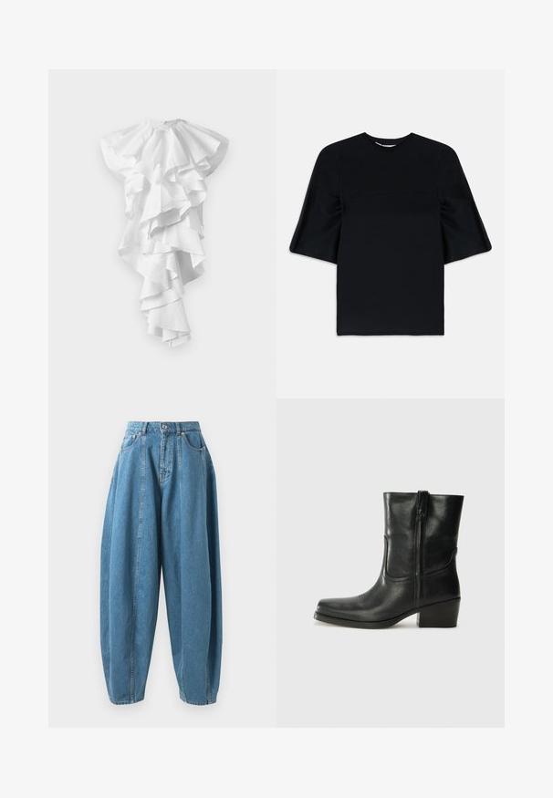 White asymmetrical dress with multiple layered ruffles cascading down the front and extending longer on one side, no visible patterns.; Black short-sleeve top with wide, flared sleeves and a round neckline, displayed on a white background.; High-waisted, loose-fit blue denim jeans with pleats, front pockets, belt loops, and a button-and-zipper closure.; Black leather ankle boot with a rounded toe, block heel, side zipper, and stitching accents on the vamp. Smooth texture, classic design.