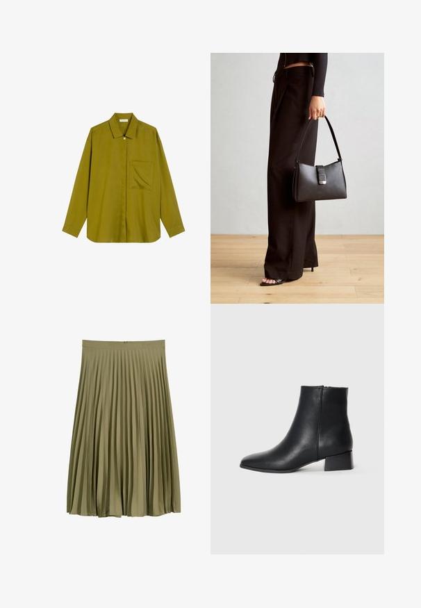 Camicia a bottoni verde oliva con collo classico, maniche lunghe, tasca frontale e una texture di tessuto liscia e leggera.; Gonna midi plissettata verde oliva con fascia in vita e chiusura con zip nascosta sul retro.; Stivaletto in pelle nera con punta affusolata e tacco basso a blocco, caratterizzato da una superficie liscia e un design minimalista.; Borsa nera con forma strutturata, texture liscia e una chiusura metallica. Abbinata a pantaloni neri larghi e sandali open-toe su un pavimento in legno.