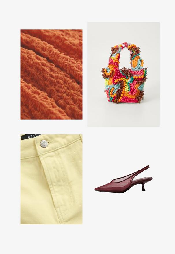 Texturált szövet élénk narancssárga színben, hullámos, bordázott mintázattal, puha és bolyhos megjelenéssel. Ideális kárpitozáshoz vagy ruházathoz.; Közelkép egy sárga farmeranyag részleteiről, amelyen gomb és varrások láthatók, valamint egy jól olvasható címke, ami a "NEXT DENIM" feliratot viseli.; Burgundi színű, slingback magassarkú cipők hegyes orral és hálós felsőrésszel. Karcsú sarokkal és kivágott dizájnnal rendelkezik, amely elegáns sziluettet kölcsönöz.; Gyöngyökkel díszített táska élénk színekben: rózsaszín, narancs, kék és barna. Texturált felület, kör alakú gyöngyökkel és organikus formákkal, tartós fogantyúkkal.