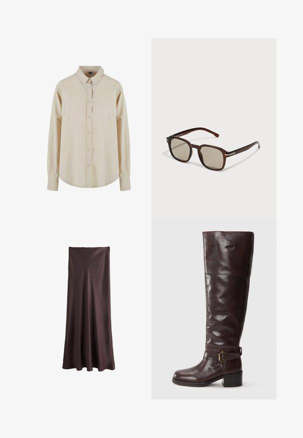 Camisa de manga larga beige hecha de algodón, con frente abotonado, cuello puntiagudo y un bolsillo en el pecho. Textura suave, ajuste relajado.; Falda marrón, larga hasta el suelo, hecha de un tejido suave y ligero. Presenta un diseño sencillo y fluido, sin patrones o acentos visibles.; Botas de cuero marrón hasta la rodilla con punta redondeada, un eje ancho, una correa con hebilla en el tobillo y un tacón bajo y cuadrado.; Gafas de sol rectangulares marrones con lentes tintados, montura de plástico y acentos metálicos en los lados. Presentan un diseño elegante y una textura suave.; Bolso tote de cuero marrón con un diseño suave y holgado. Presenta dos asas largas y una textura lisa sin hardware o patrones visibles.