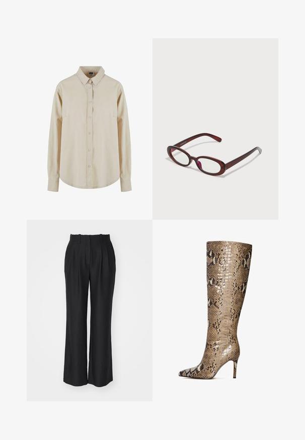 Beige pitkähihaine paita, joka on valmistettu puuvillasta. Sen etupuolella on napitus, terävä kaulus ja yksi rintatasku. Pehmeä kangas, rento malli.; Mustat leveälahkeiset housut korkealla vyötäröllä, joissa on laskokset, valmistettu sileästä, teksturoidusta kankaasta, suora leikkaus helmaan.; Knee-high stiletto-saappaat, jotka on valmistettu kiiltävästä käärmeennahkakuosisesta nahasta beige-, ruskea- ja kermavärisissä sävyissä. Saappaissa on teräväkärkinen muotoilu ja 3 tuuman korkeus.; Punaiset aurinkolasit, joissa on ovaalimuoto, kirkkaat linssit ja tyylikkäät ruskeat kehykset. Muotoilussa on hienovaraisia kaaria ja vähäisesti kiinnikkeitä.