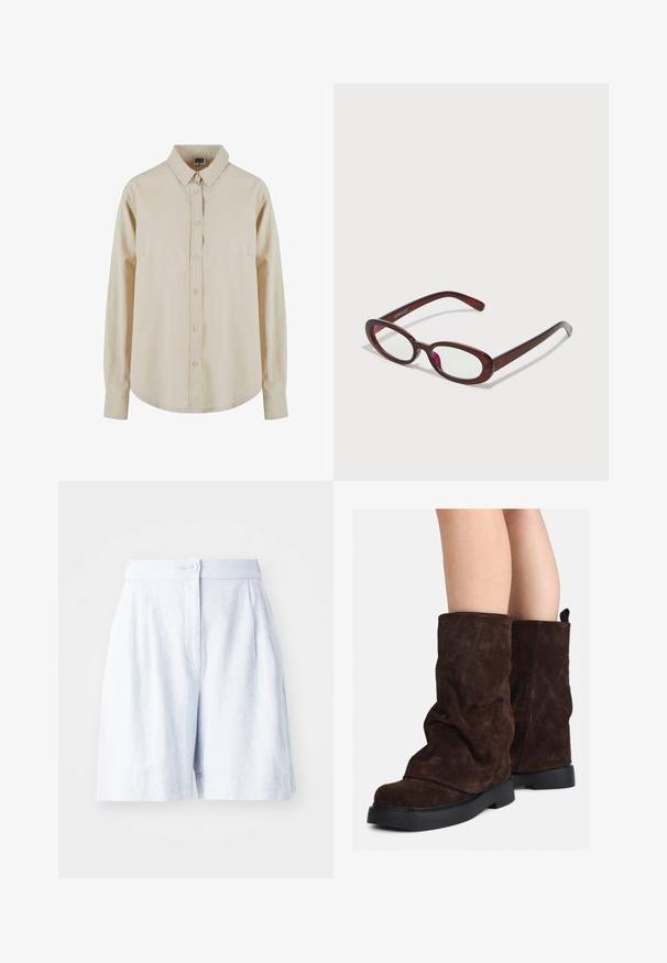 Cămașă bej cu mâneci lungi din bumbac, cu un închidere cu nasturi în față, guler ascuțit și un singur buzunar pe piept. Textură moale, croială relaxată.; Shorts din in cu o nuanță deschisă, cu o croială adaptată, față plisată, închidere cu buton și buzunare laterale. Textură fină și lungime până la mijlocul coapsei.; Cizme din suede maro, până la jumătatea gambei, cu talpă din cauciuc negru, purtate pe picioare goale, arătând ușoare cute pe partea superioară a cizmelor.; Ochelari de soare roșii, în formă ovală, cu lentile transparente și rame elegante de culoare maro. Designul prezintă curbe subtile și minim de accesorii.