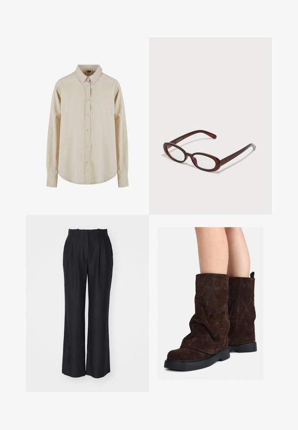 Bež majica z dolgimi rokavi iz bombaža, z gumbom spredaj, z nazobčanim ovratnikom in enim žepom na prsih. Mehka tekstura, sproščen fit.; Črne široke hlače z visokim pasom, s pliseji, izdelane iz gladkega, teksturiranega blaga, z ravnim krojem do roba.; Rjave gamšaste škornje do polovice teleta z črnimi gumijastimi podplati, nošene na golih nogah, s rahlim gubanjem na zgornjem delu škornjev.; Ovalno oblikovani rdeči sončna očala s prozornimi lečami in elegantnimi rjavimi okvirji. Oblikovanje vključuje subtilne krivulje in minimalno opremo.